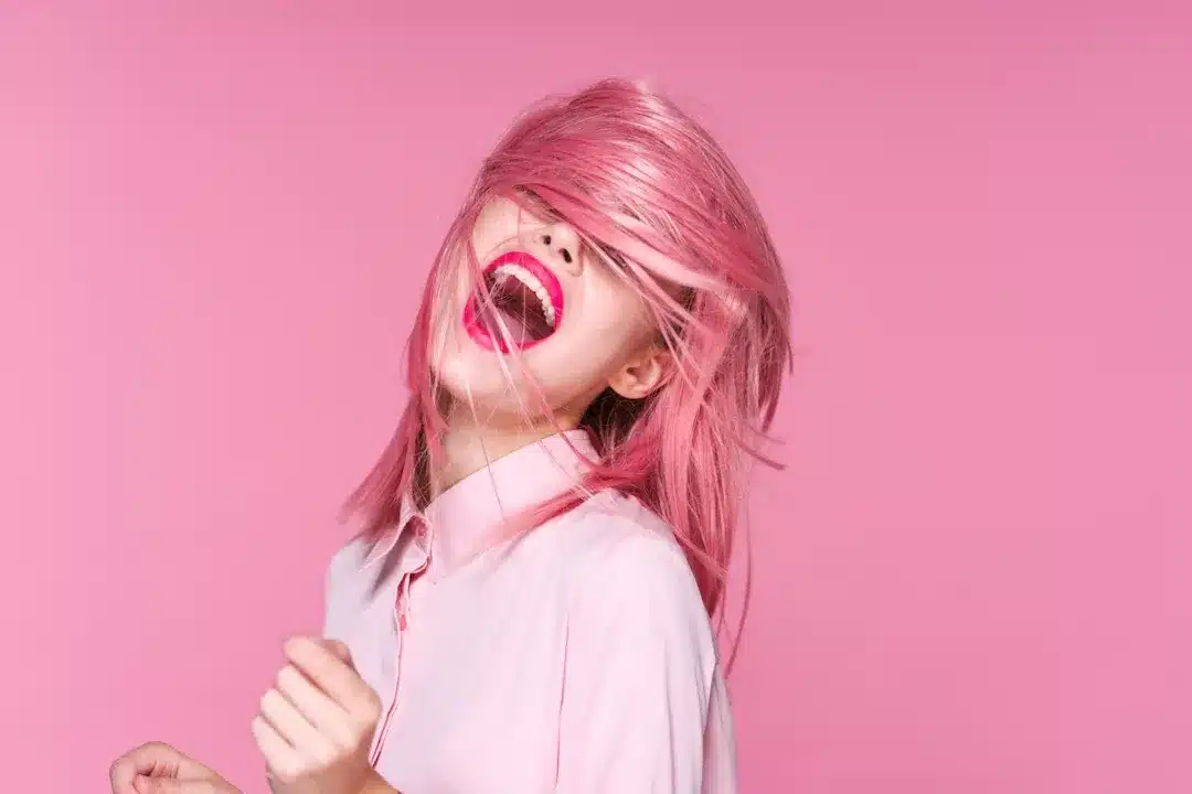 Emotion,Pink,Wig,Woman,Wide,Open,Mouth,Red,Lips,Makeup