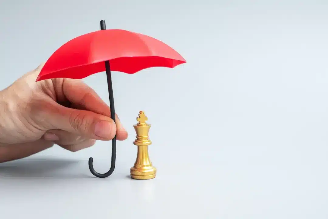 Business,Man,Hand,Holding,Red,Umbrella,Cover,Chess,King,Figure.